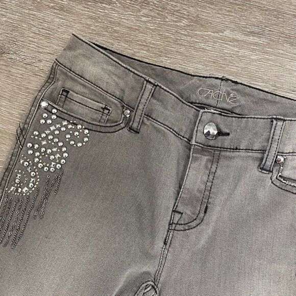 Cache Gray Straight Leg Embellished Beaded Jeans SZ 0 - Picture 9 of 11